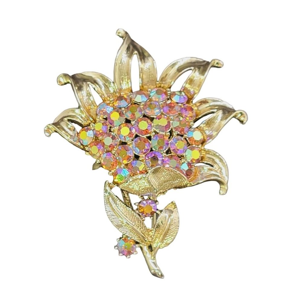 Vintage Sliver tone Large Blooming Floral Flower A & B Rhinestones